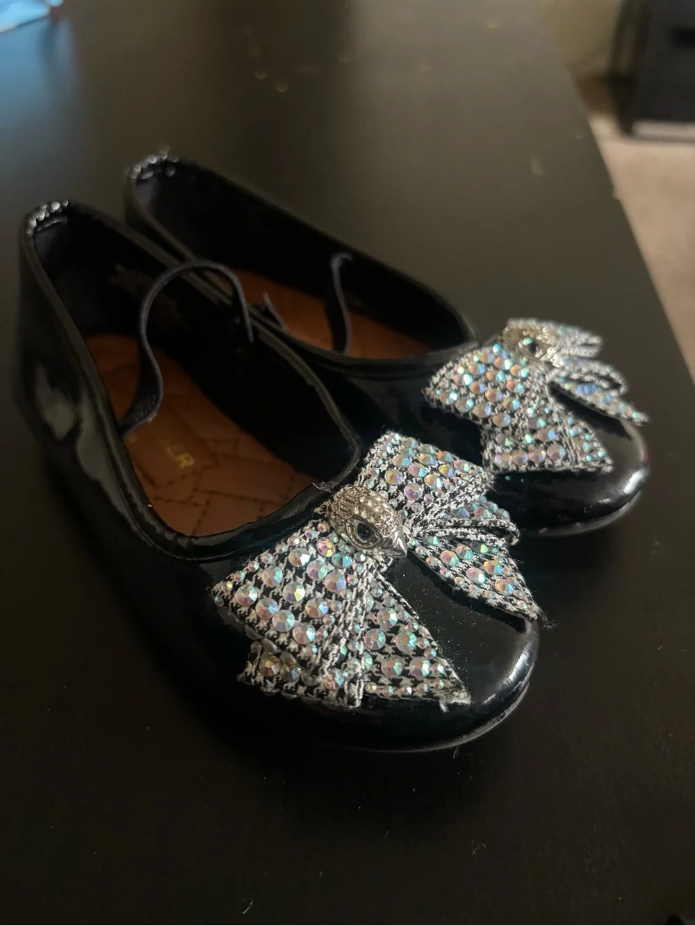 Kurt Geiger Girls' Black Patent Mary Jane Flats with Crystal Bow